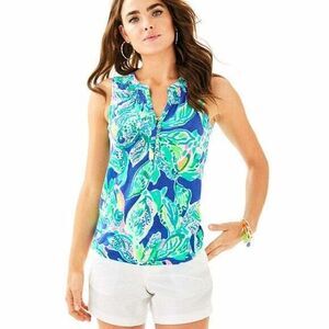 Lilly Pulitzer Essie Printed Tank Blouse Top Smocked Cotton Beach XXS New 268655
